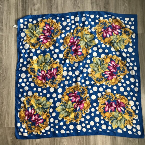 Berkshire Satin Sqare Large Scarf Blue Polka Dot Floral - Picture 1 of 7